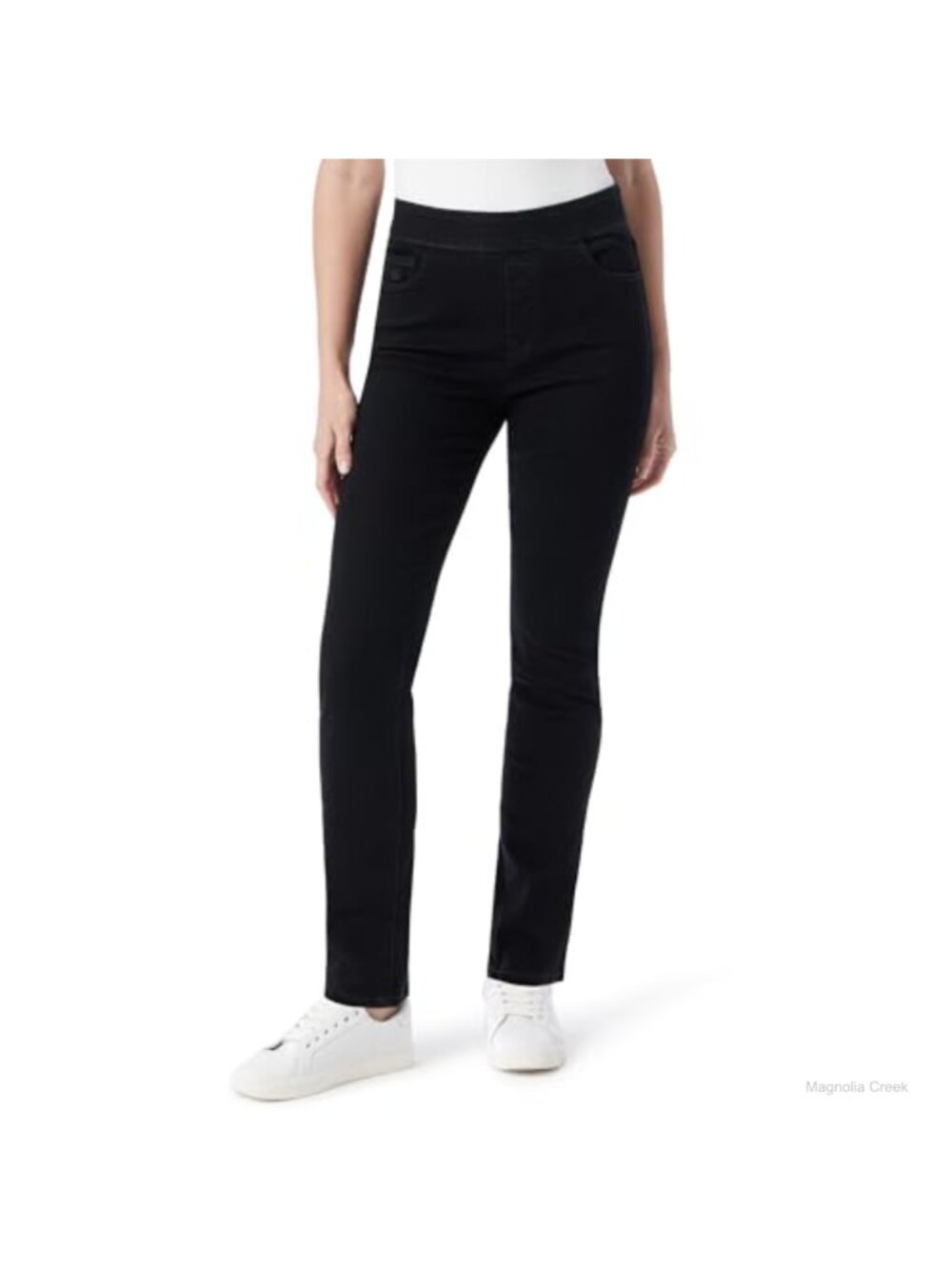 High Rise Pull On Straight Leg Slim Fit Jeans Hidden Elastic Waistband